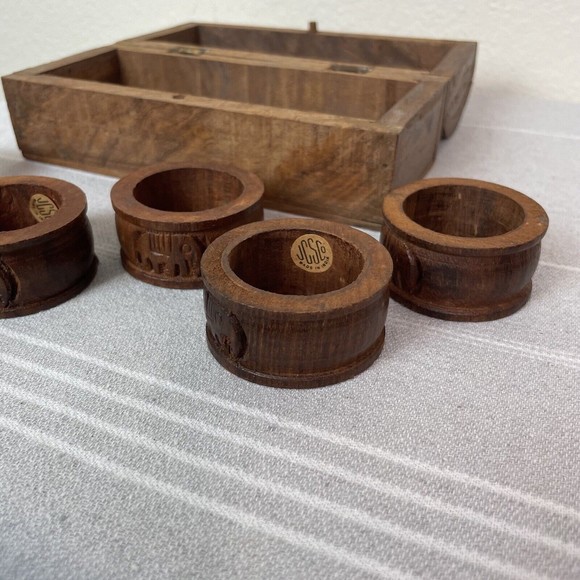 Vintage JCS Co Hand Carved Wood Elephant Napkin Rings Set Of 6 With Wooden Box - Picture 13 of 16